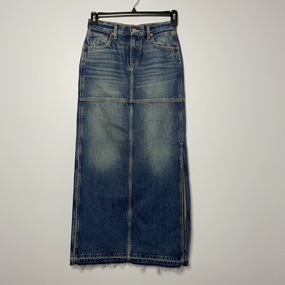 RE/DONE Mid Rise Split Jean Maxi Skirt Women's 23 Herbal Tint‎ Frayed Hem